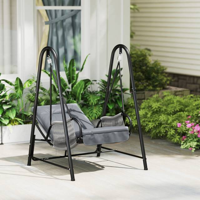 Outsunny Rattan Swing Chair with Stand and Seat Cushion - Light Grey | TJ Hughes