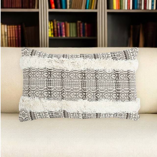 12 X 20 Gray and White Striped Cotton Throw Pillow Cover With Fringe