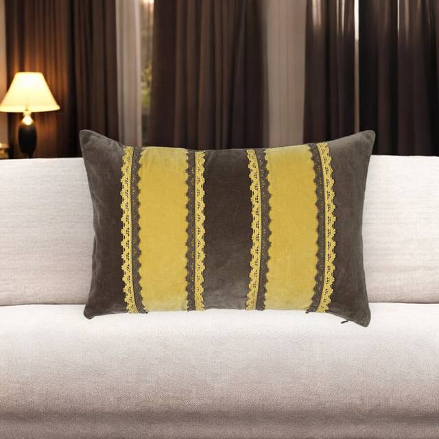 12 X 20 Yellow and Brown Striped Cotton Throw Pillow Cover With Lace