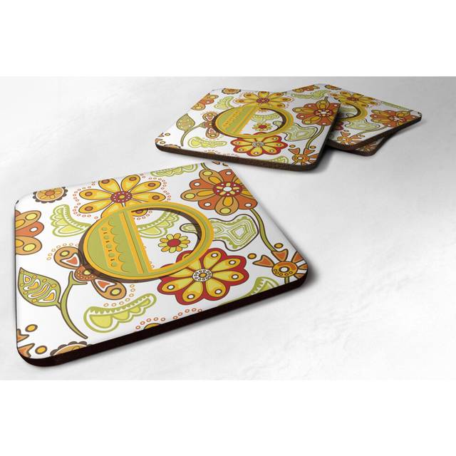 """""Caroline's Treasures CJ2003-OFC Letter O Floral Mustard and Green Foam Coasters (Set of 4)  3.5""""""""  Multicolor"""""