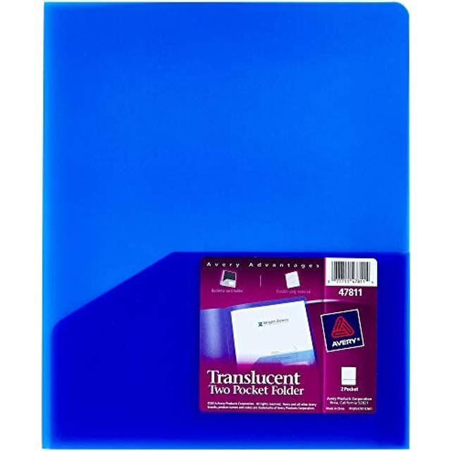 Avery Translucent Two Pocket Folder  Water Resistant  Holds up to 20 Sheets  1 Blue Folder (47811)