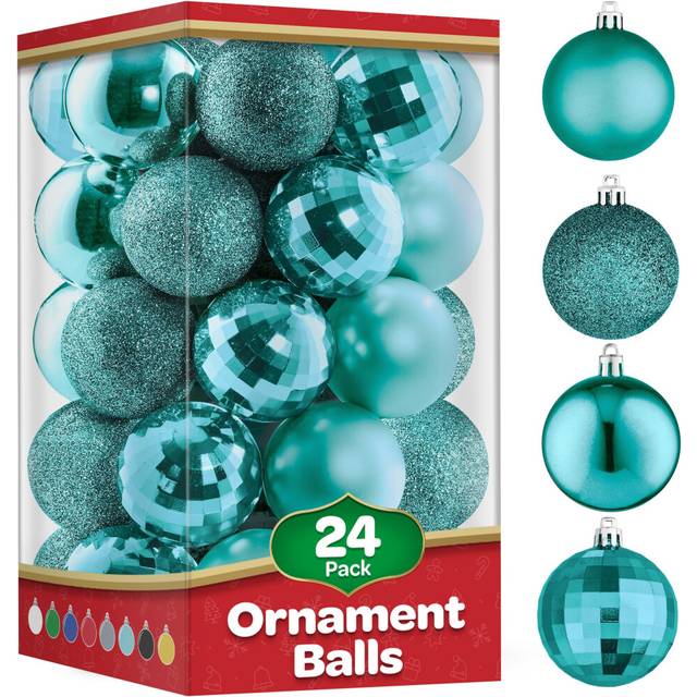 Christmas Ornaments Set of 24 - Beautiful Teal Christmas Tree Decorations Ornaments Set - 4 Styles Glitter/Matte/Mirror/Shiny - Shatterproof/Pre-Strun