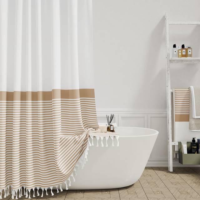 Dynamene 78 Inches Long Shower Curtain, Farmhouse Boho Striped Fabric Tassel Shower Curtains for Bathroom, Tall Bohemian Textured Waterproof Cloth Sho