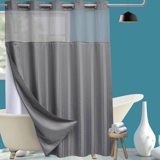Conbo Mio Hotel Style Shower Curtain for Bathroom with Snap in Liner & See Through Top Window Waterproof Repellent Washable Shower CurtainGrey-Awning