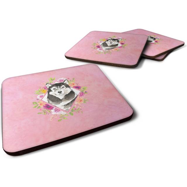 """""Caroline's Treasures CK4224FC Alaskan Malamute Pink Flowers Foam Set of 4 coasters  Multicolor"""""