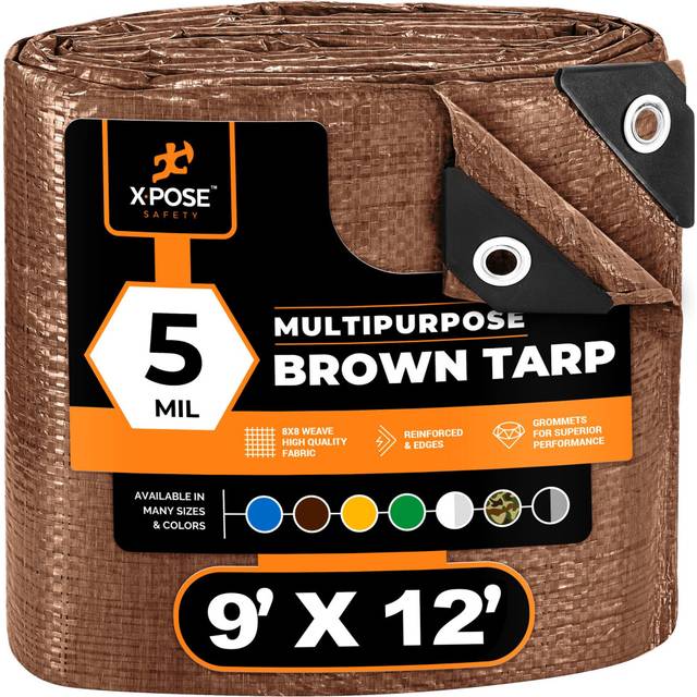 Multipurpose Protective Cover Brown Poly Tarp 9' x 12' - Durable  Water Resistant  Weather Resistant - 5 Mil Thick Polyethylene - by Xpose Safety