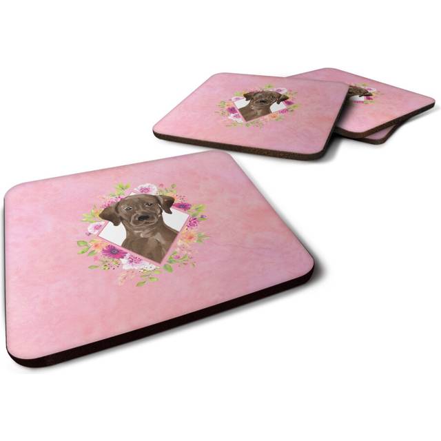 """""Caroline's Treasures CK4251FC Chocolate Labrador Pink Flowers Foam Set of 4 coasters  Multicolor"""""