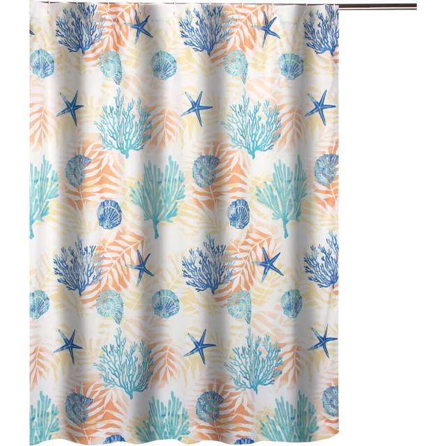 Geo 72 Inch Shower Curtain  White Blue Polyester  Seashells and Ferns Print