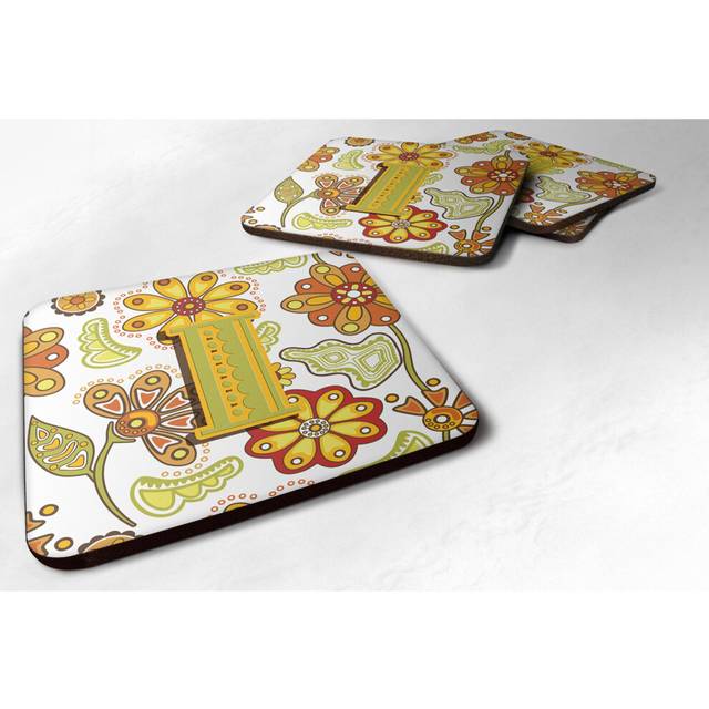 """""Caroline's Treasures CJ2003-IFC Letter I Floral Mustard and Green Foam Coasters (Set of 4)  3.5""""""""  Multicolor"""""