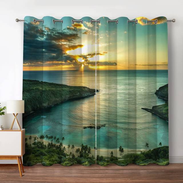 Jekeno Ocean Beach Blackout Curtains Ocean Morning Sunrise Decor for Bedroom Living Room with Hawaiian Seaside Scene Island Green Print Grommet Window