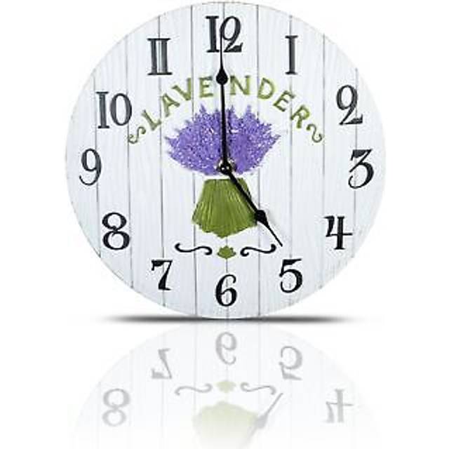 Vintage Rustic Lavender Wooden Effect Wall Clock 27cm Shabby Chic Kitchen Garden Robin