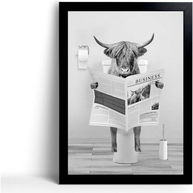 Funny Highland Cow Framed Wall Art in Bathtub Black and White Canvas Cow Wall Art Prints Farmhouse Bathroom Decor Humor Animals Bathroom Painting Canv
