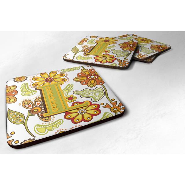 """""Caroline's Treasures CJ2003-LFC Letter L Floral Mustard and Green Foam Coasters (Set of 4)  3.5""""""""  Multicolor"""""