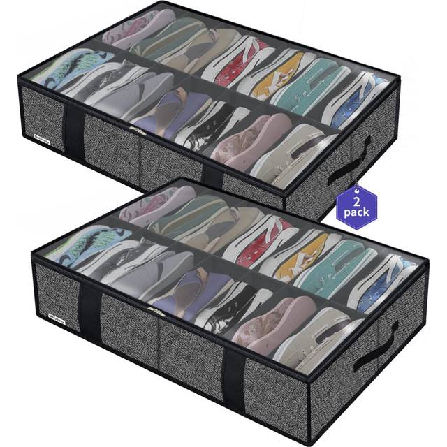 Onlyeasy 2 Pack Large Under Bed Shoe Storage Organizers with Handles & Clear window (14 +14 Pairs)  Sturdy Underbed Box Bags for Kids & Adults  Linen-