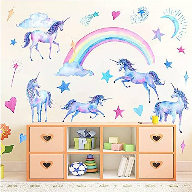 Unicorn Wall Decals, Multi Color Unicorn Rainbow Vinyl Wall Stickers, Removable Decals for Girls Bedroom Kids Room Nursery, Unicorn Wall Art Home