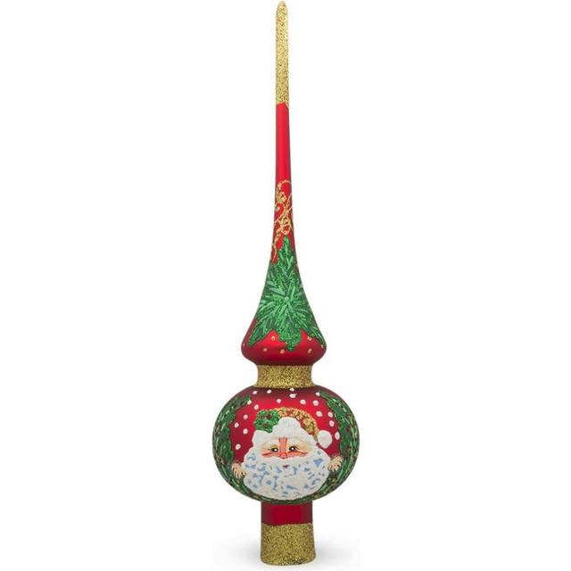 Santa and Mistletoe on Red Artisan Hand Crafted Mouth Blown Glass Christmas Tree Topper 11 Inches