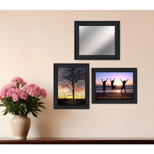Set Of Three Passion and Teamwork Black Framed Wall Art With Mirror