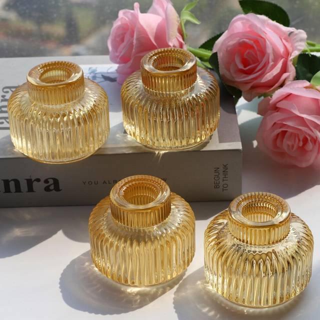 Woho Gold Candlestick Holder Set of 4  Tapered Candlestick Holders for Table Centerpiece  Glass Taper Candle Holders Bulk for We