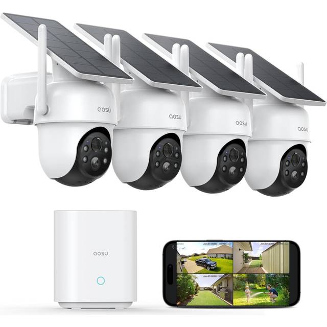 AOSU 2K Security Cameras Outdoor Wireless, 360? PTZ 4 Cam-Kit with HomeBase, Zero Fees, Solar Battery 3MP Surveillance Cameras, Automatic Tracking,
