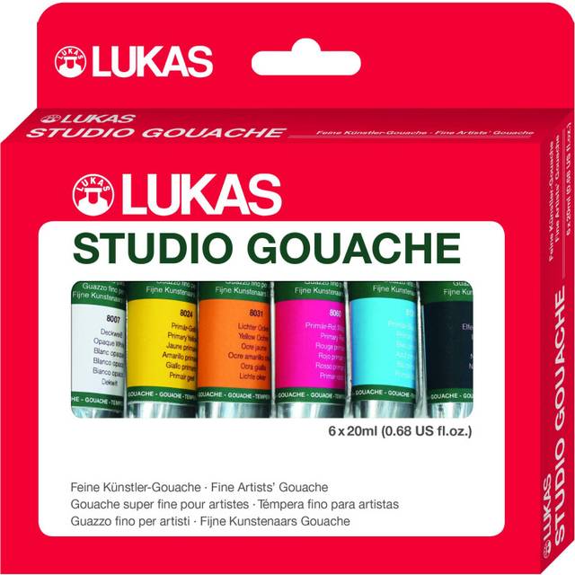 Lukas Studio Artist Gouache Paint Set - Professional Introductory Kit of 6 High Pigment Matte Finish Opaque Watercolors in 20 ml Tubes