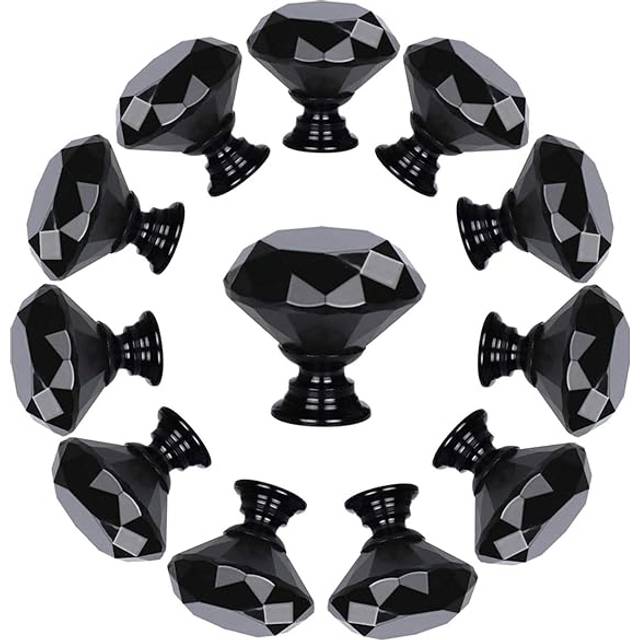 YourGift 12 Pack Drawer Knobs Diamond Shaped Crystal Glass 30mm Cabinet Knobs Pull Handles (30 mm  12 Pack  All Black)