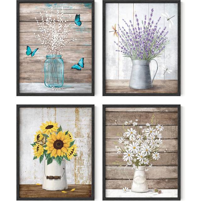 HAUS AND HUES Floral Prints  Set of 4  8x10 Wall Art  Farmhouse Bouquets  Framed Metal Painting for Bathroom  Bedroom  Dorm  Ki