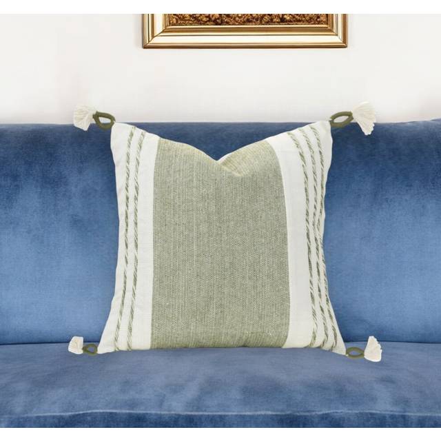 20 Green and White Color Block Cotton Throw Pillow With Tassels