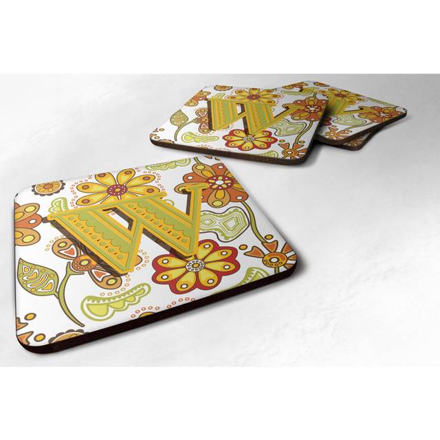 """""Caroline's Treasures CJ2003-WFC Letter W Floral Mustard and Green Foam Coasters (Set of 4)  3.5""""""""  Multicolor"""""