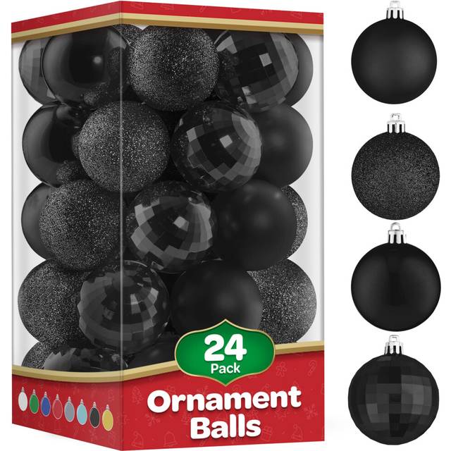 Christmas Ornaments Set of 24 - Beautiful Black Christmas Tree Decorations Ornaments Set - 4 Styles Glitter/Matte/Mirror/Shiny - Shatterproof/Pre-Stru