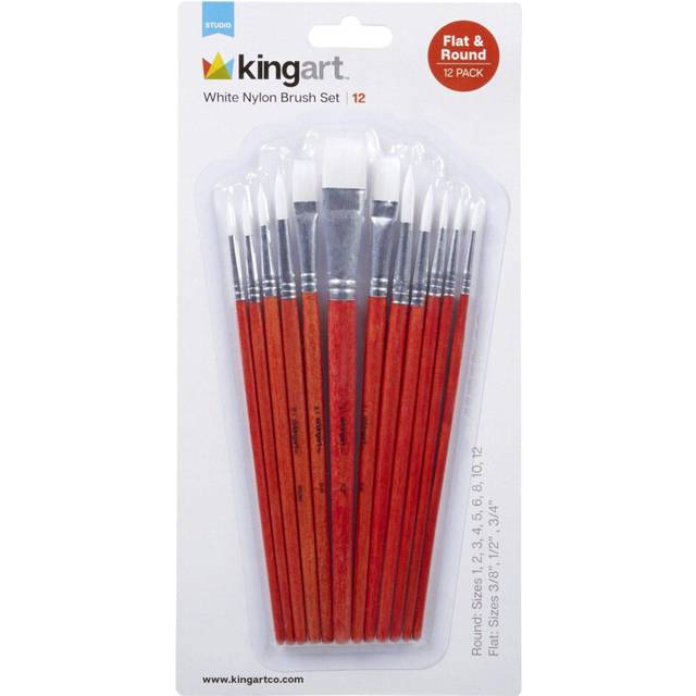 KINGART 22312 All Purpose 12 Pc White Nylon Art  Craft  Hobby Brush Set  Assorted Sizes Round  Flat Paintbrushes  Short Hand