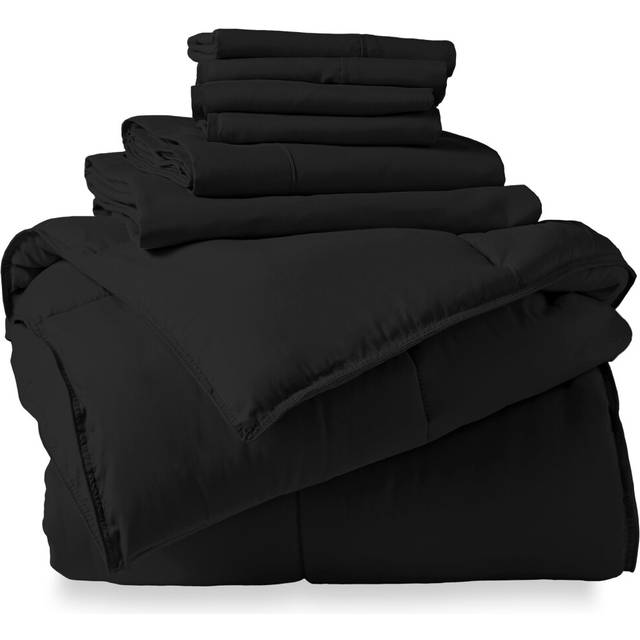 Bare Home Bed-in-A-Bag 7 Piece Comforter & Sheet Set - Full - Goose Down Alternative - Ultra-Soft 1800 Premium - Bedding Set (Full  Black/Black)