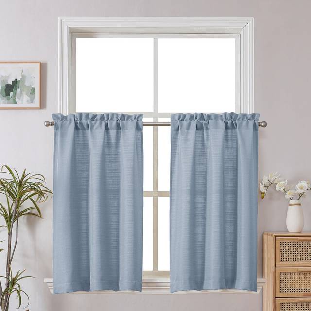 Chyhomenyc Bennet 2 Panels Aqua Blue Kitchen Curtains 36 Inch Length Tier Curtains  Faux Linen Textured Small Cafe Curtains  Light Filtering Short Win