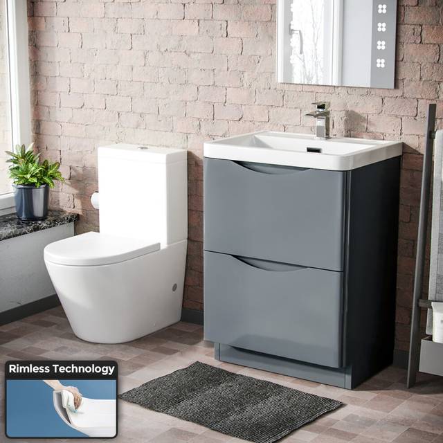 Merton 600 mm Grey Basin Sink Vanity and Rimless Close Coupled Toilet