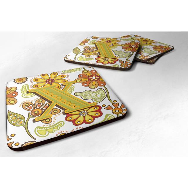 """""Caroline's Treasures CJ2003-XFC Letter X Floral Mustard and Green Foam Coasters (Set of 4)  3.5""""""""  Multicolor"""""