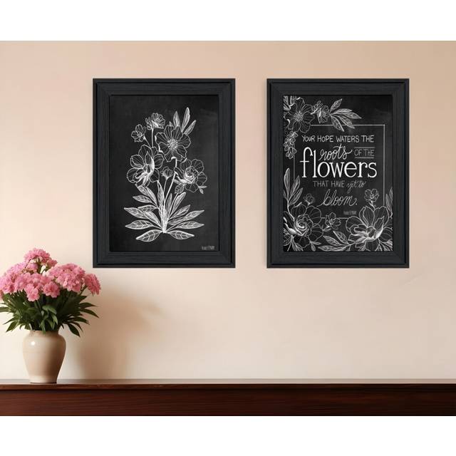 Set Of Two Vintage Chalkboard Blooms Black Framed Print Wall Art