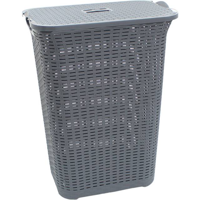 (Grey) 75L Laundry Hamper Storage Linen Clothes Washing Basket Lid Plastic Rattan Style