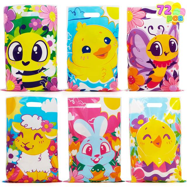 JOYIN 72 Pcs Easter Large Plastic Tote Bags  Easter Goodie Treat Gift Bags for Egg Hunt  Easter Kids Party Favor Party Supplies(Animals and Flowers)