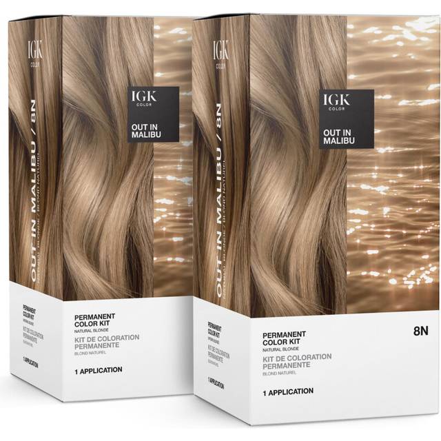 IGK Permanent Color Kit (2-Pack) OUT IN MALIBU - Natural Blonde 8N | Easy Application + Strengthen + Shine | Vegan + Cruelty Free + Ammonia