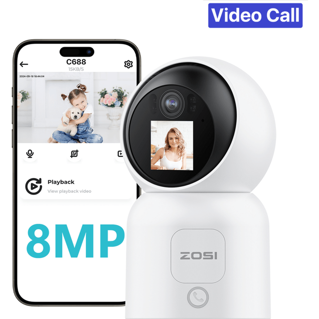 8MP Indoor Security WiFi Camera With 1.44'' Screen 360Â° Views Monitor