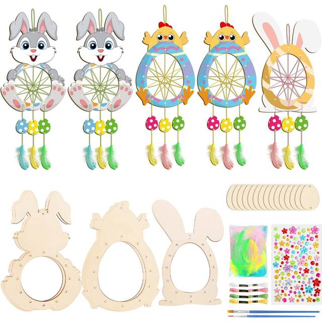 Fennoral 5 Pack Easter Dream Catcher Craft Kit for Kids Paint You Own Bunny Chick Dream Catcher Ornament DIY Coloring Wooden Eas