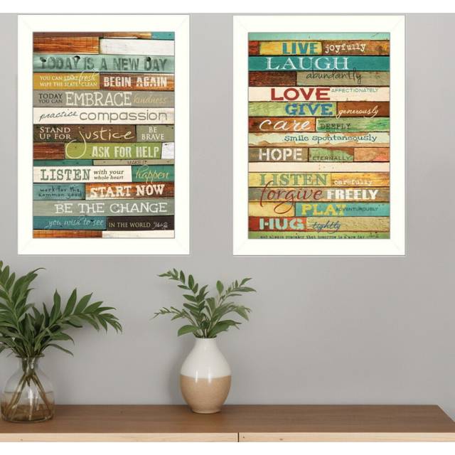 Set Of Two Today is a New Day Faux Wood Slat White Framed Print Wall Art