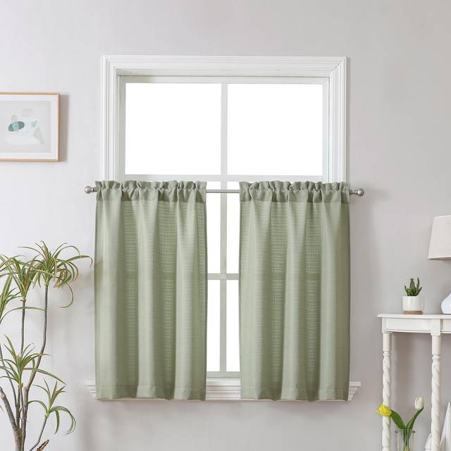 Chyhomenyc Bennet 2 Panels Light Sage Green Kitchen Curtains Tier 24 Inch Length  Faux Linen Textured Small Cafe Curtains  Light Filtering Short Windo