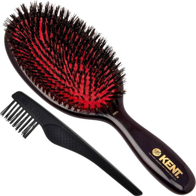 Kent CSFL Classic Shine Large Oval Cushion Straightening Brush and Hair Detangler - Natural Black Boar Bristle Hair Brush - Shine Hair Brush and Scalp