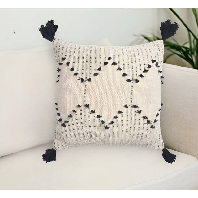 18 Black and White Diamond Cotton Throw Pillow Cover With Fringe  Tassels