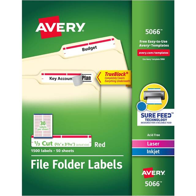 Avery 5066 Permanent Filing Labels  1/3 Cut  1500/BX  Red