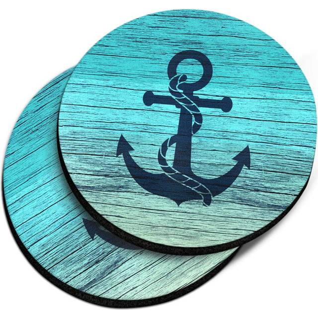 CARIBOU Coasters   Blue Anchor Wood Design Absorbent ROUND Fabric Felt Neoprene Car Coasters for Drinks  2pcs Set