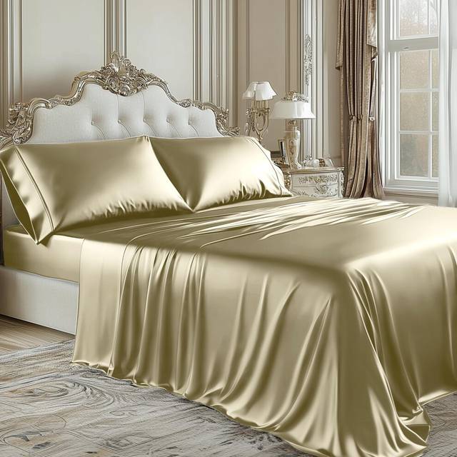 Degrees of Comfort Silky Satin Bed Sheets Twin Size - 4 Piece Champagne Cozy Sheet Set with 14 Inches Deep Pockets  Cooling and Soft