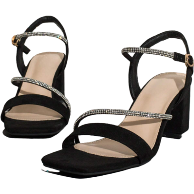SHEIN Women Rhinestone Decor Chunky Heeled Ankle Strap Sandals, Glamorous Party Faux Suede Heeled Sandals Valentines