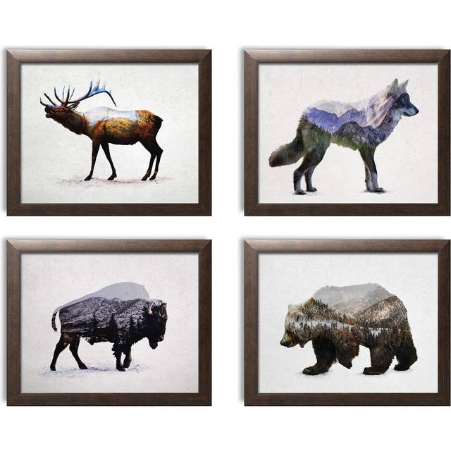 Rustic Double Exposure Elk, Bison, Wolf and Bear Landscape Set; Cabin Lodge Decor; Four 14x11in Brown Framed Prints; Ready to hang!