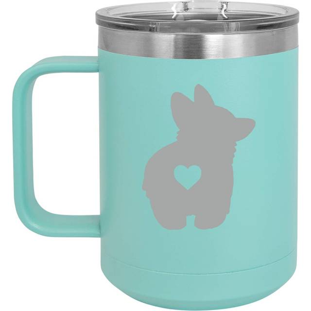15 oz Tumbler Coffee Mug Travel Cup With Handle  Lid Vacuum Insulated Stainless Steel Corgi Butt Teal